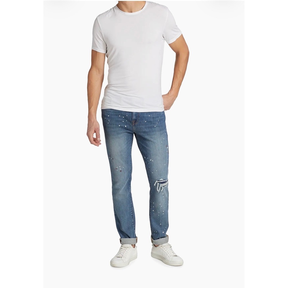 Frame L'Homme Skinny Jeans Mens 34 Medium Wash Paint Splatter Distressed Denim
